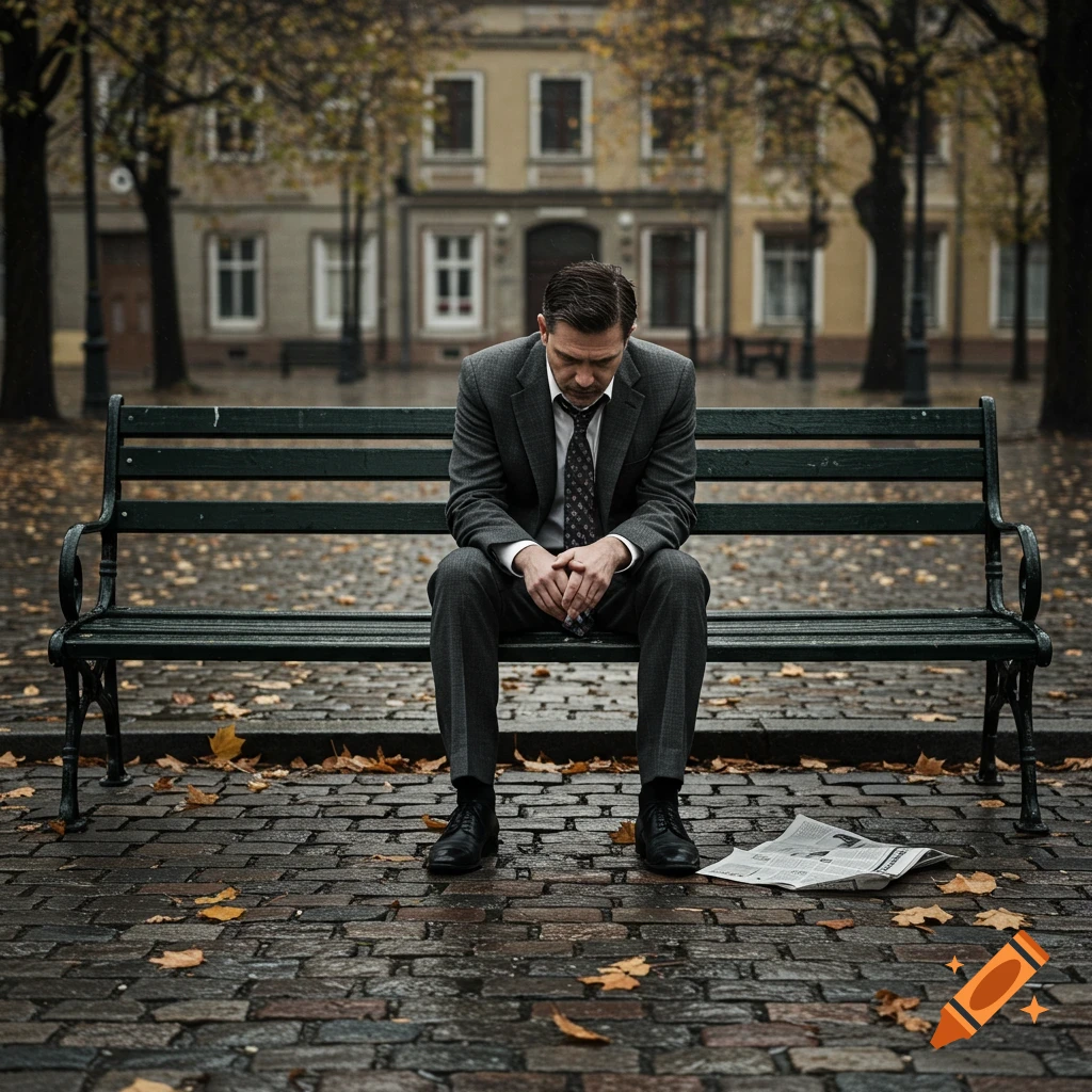 A man in a suit sits sadly on a park bench on a wet autumn day with a newspaper on the ground, photorealistic.