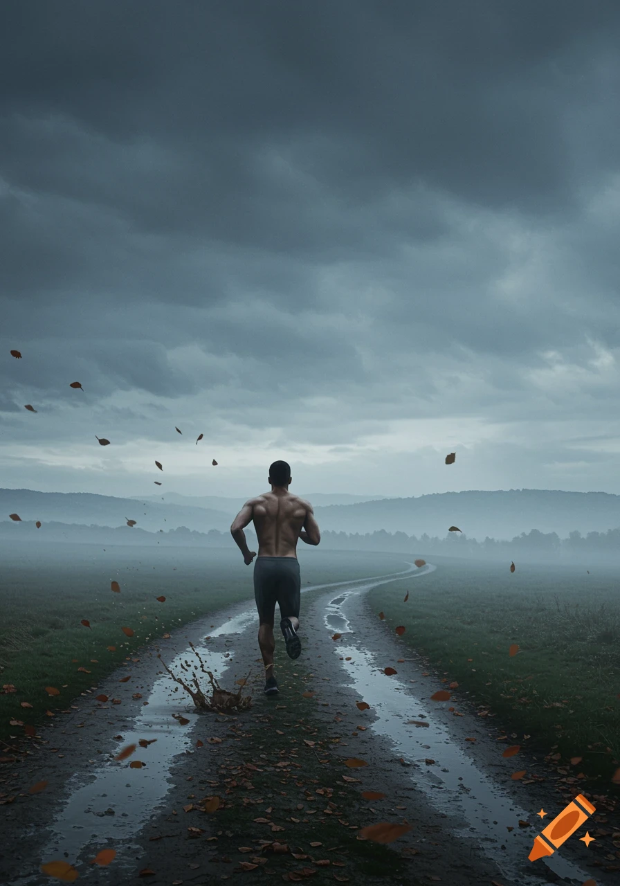 Muscular man runs shirtless on a wet, leaf-strewn dirt path under a cloudy sky.