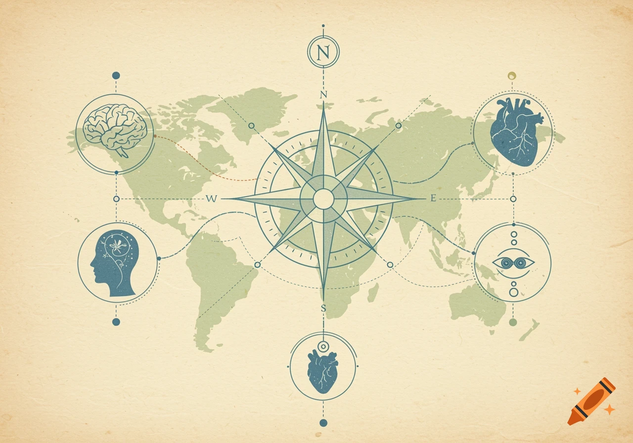 Soft illustrated world map with a central compass, surrounded by icons of a brain, heart, eyes, and a head with a plant motif.