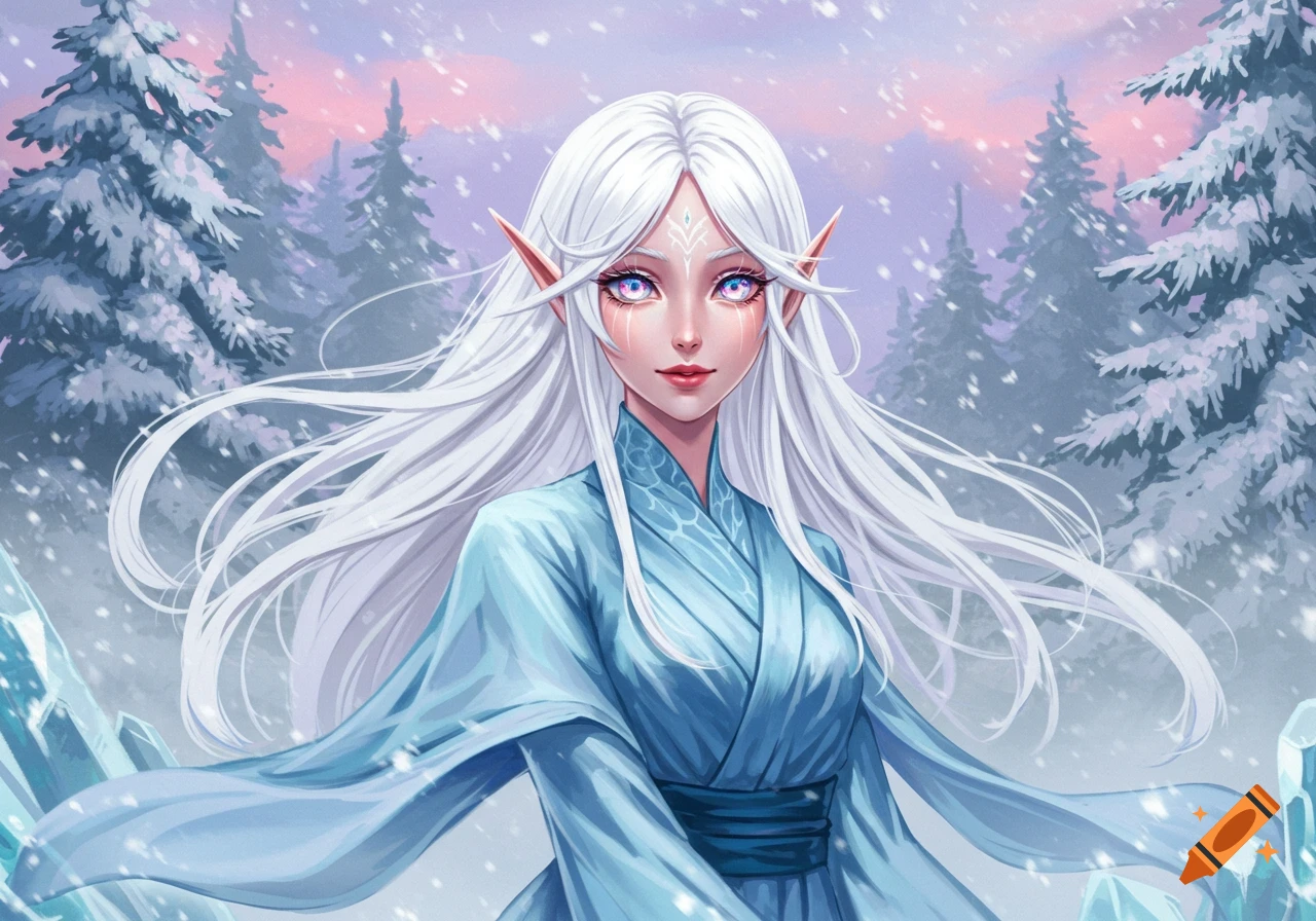 Anime illustration of a white-haired elf woman with glowing eyes in a blue robe, standing in a snowy forest.