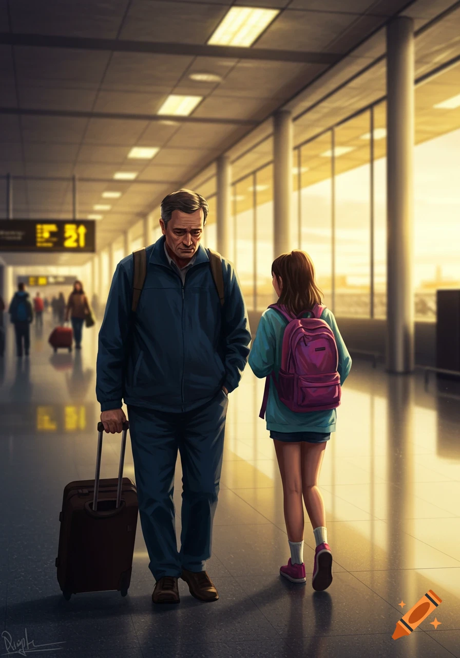 Sad father pulls a suitcase, walking away from his daughter in a warmly lit airport terminal, digital art style.