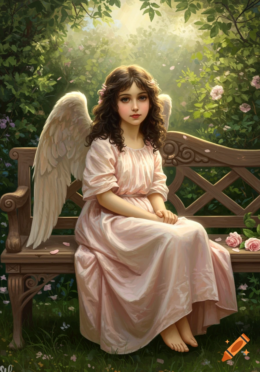 An angelic young girl with brown hair and wings sits on a wooden bench in a lush, sunlit garden, painted in a classical style.