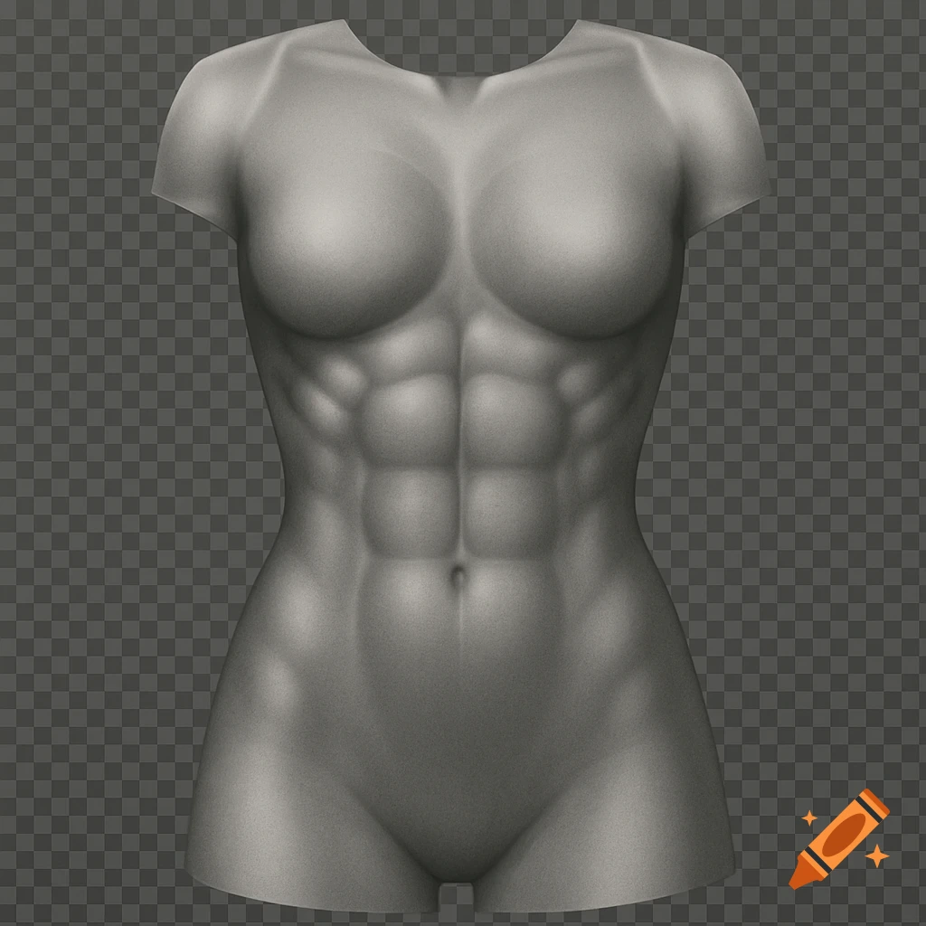 A grayscale stylized female torso showcasing defined abdominal muscles on a transparent background.