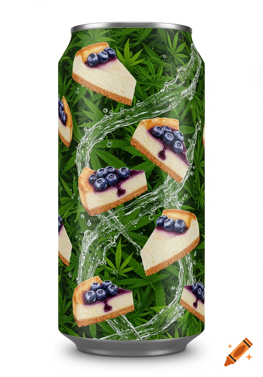 Photorealistic 16oz can with marijuana leaves, blueberry cheesecake slices, and clear water splashes on a dark green background.
