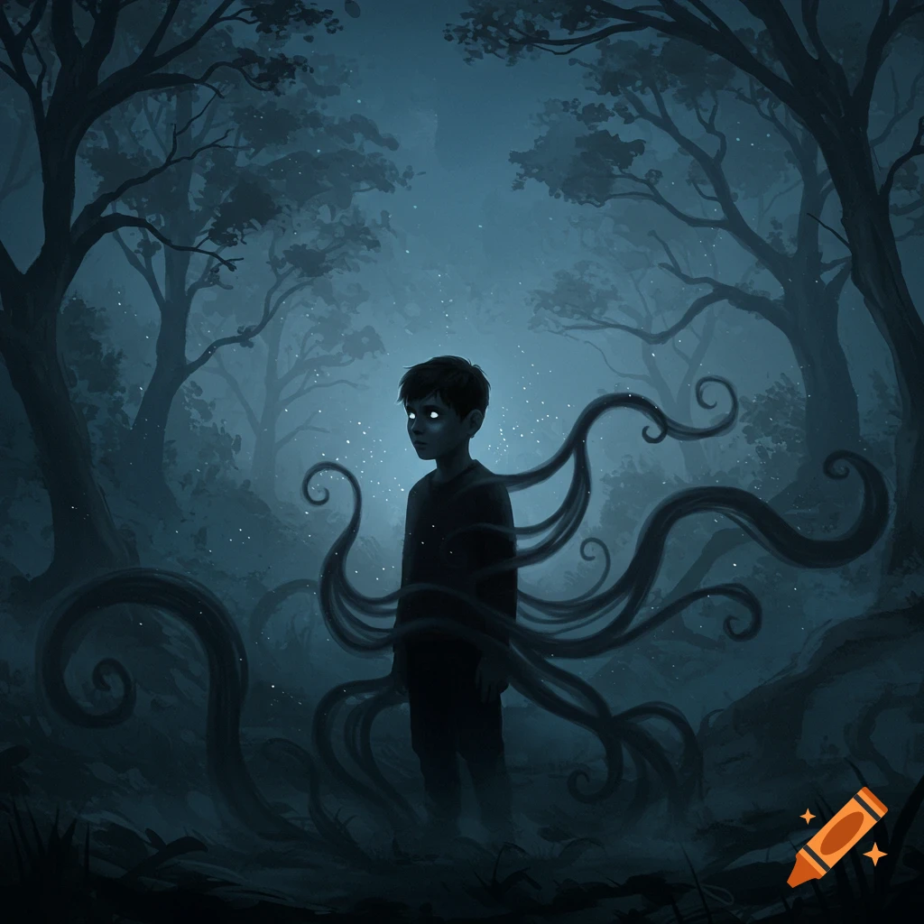 A dark, misty forest scene shows a boy with glowing white eyes and dark, swirling tendrils emanating from his body.
