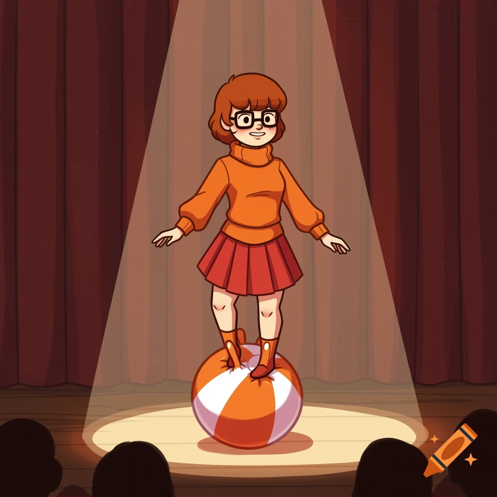 Velma Dinkley, a cartoon character, balances on an orange and white striped beach ball on a spotlighted stage.