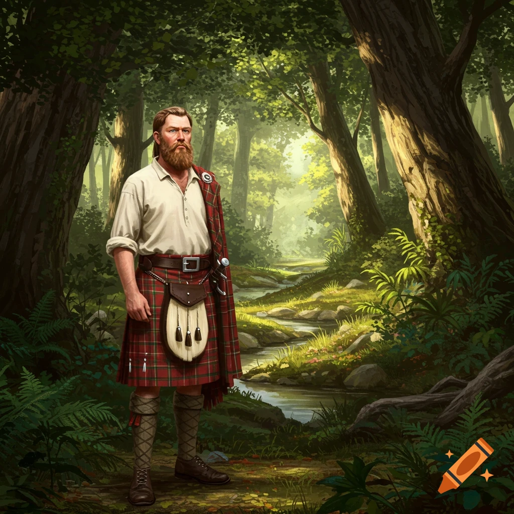 A bearded man in a traditional red tartan kilt and plaid stands in a lush green forest with a stream.