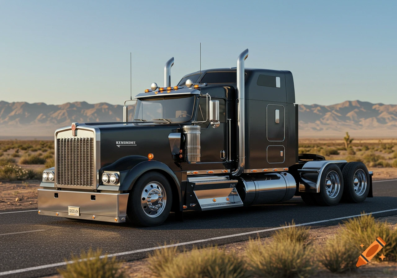 A black semi-truck parked on a desert road with mountains in the background under a clear sky, photorealistic.