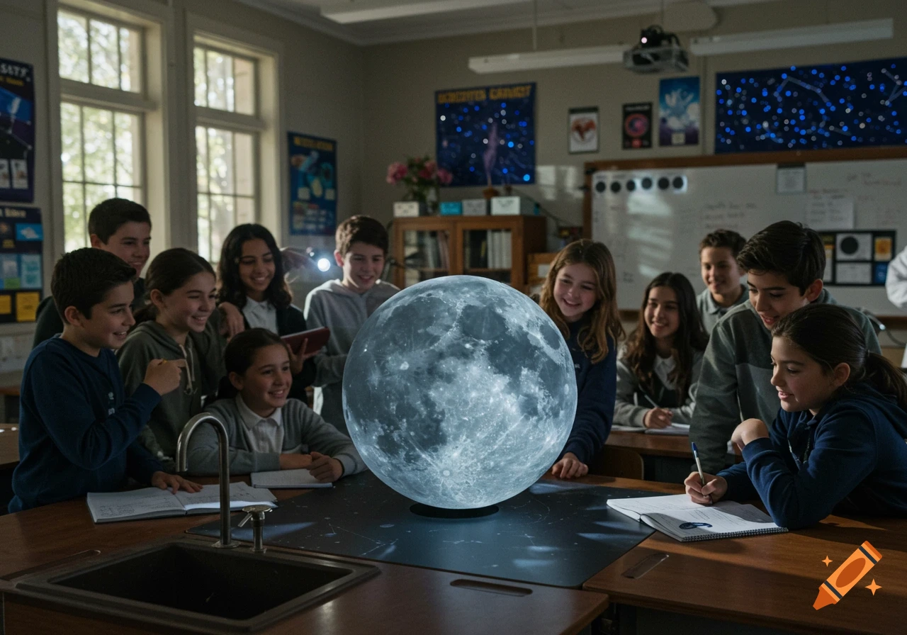 8th graders gathered around a glowing moon model in a science classroom, learning about the moon.