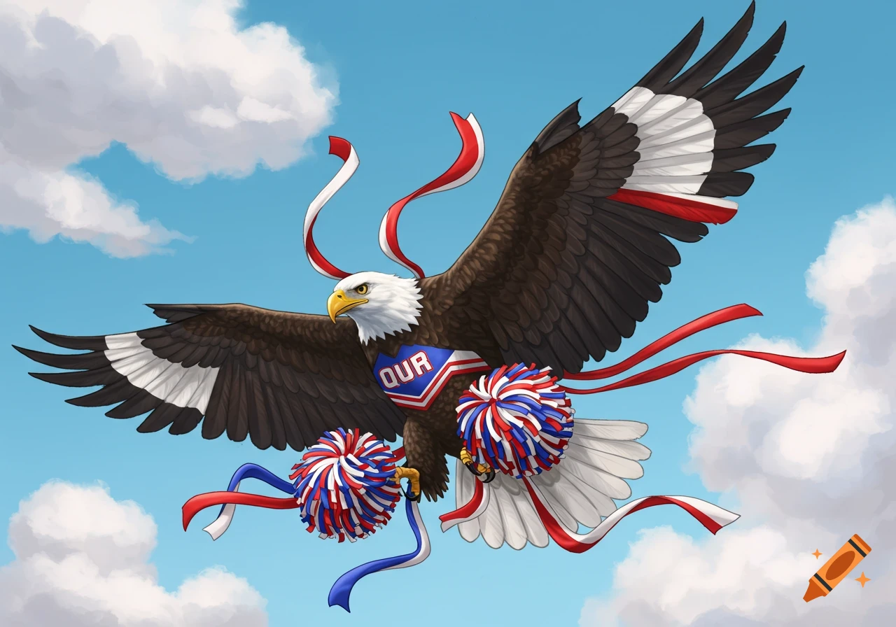 Cartoon bald eagle dressed as a cheerleader, wearing a uniform with 'OUR' and holding red, white, and blue pom-poms, flying in a blue sky.