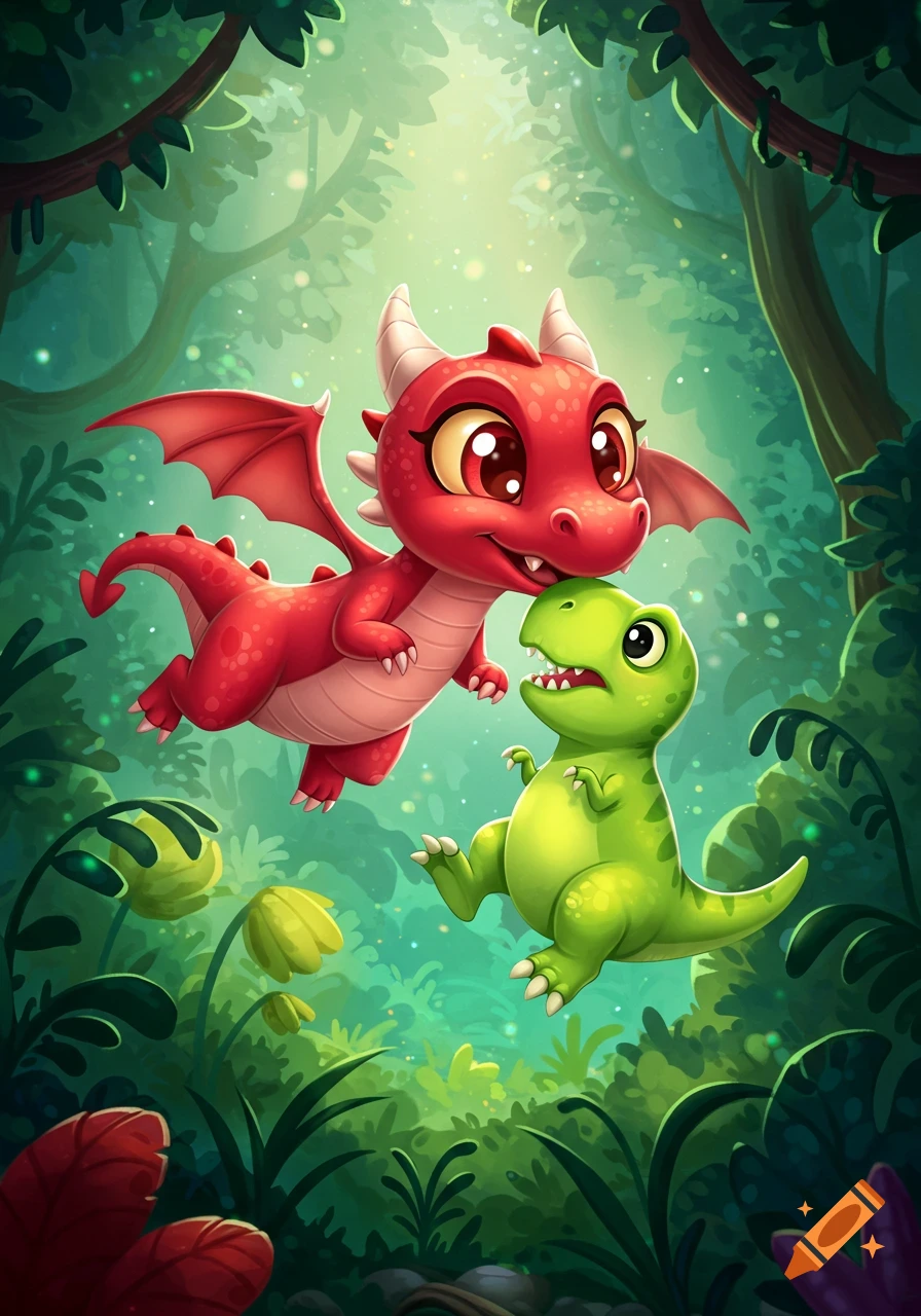 A cartoon red dragon hatchling nuzzles a green baby Tyrannosaurus Rex in a vibrant, lush jungle.