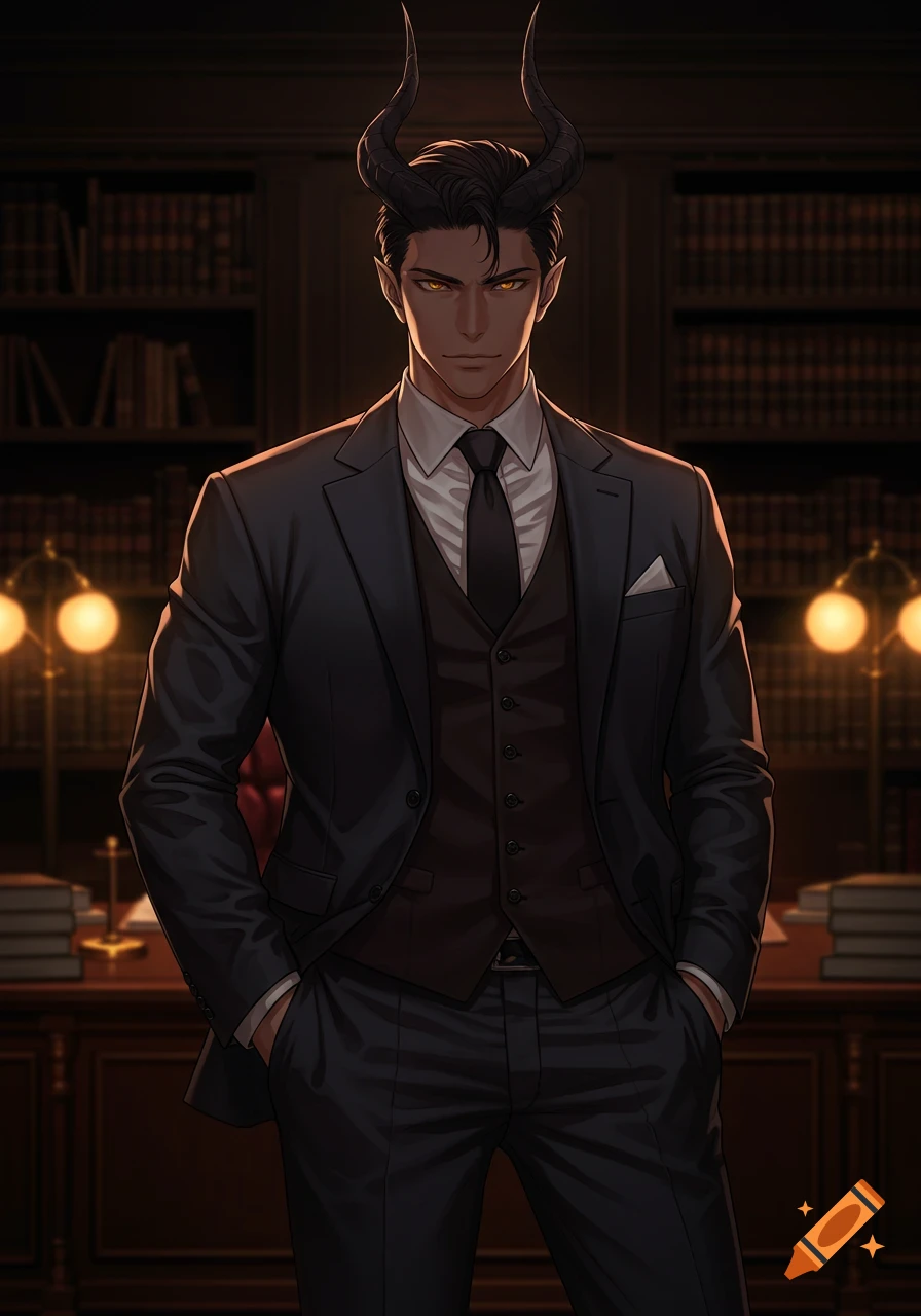 Anime-style man with horns and golden eyes in a dark suit standing in an office.