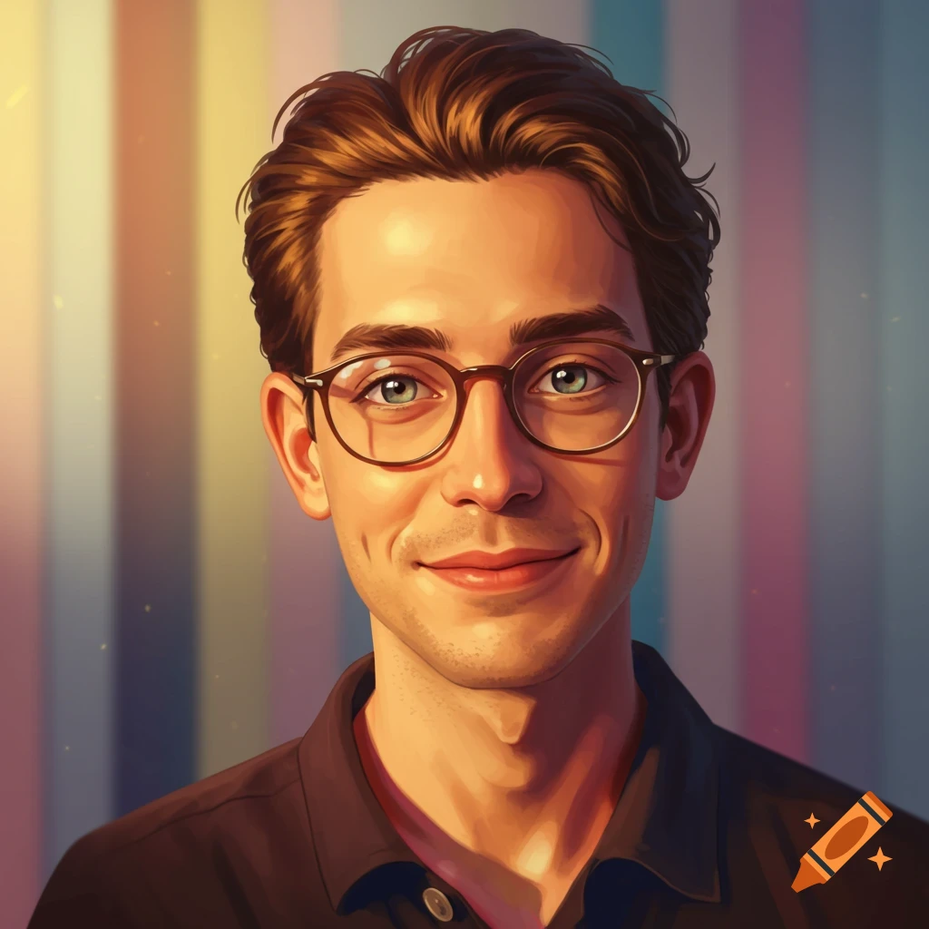 A smiling man with brown hair and glasses looks forward, against a colorful striped background with a soft glow.