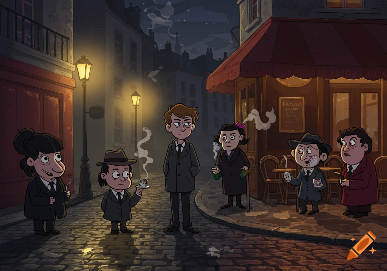 A stylized cartoon scene at night shows a group of quirky characters on a cobblestone street outside a cafe with glowing street lamps.