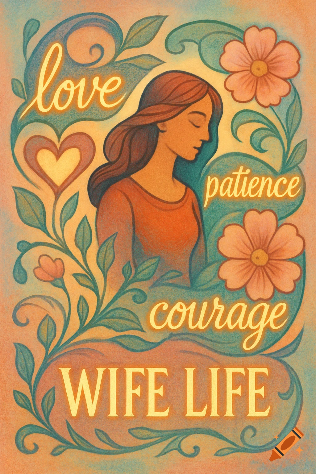An illustration of a serene woman surrounded by floral vines, with the words 'love', 'patience', 'courage', and 'WIFE LIFE' in a warm, textured style.