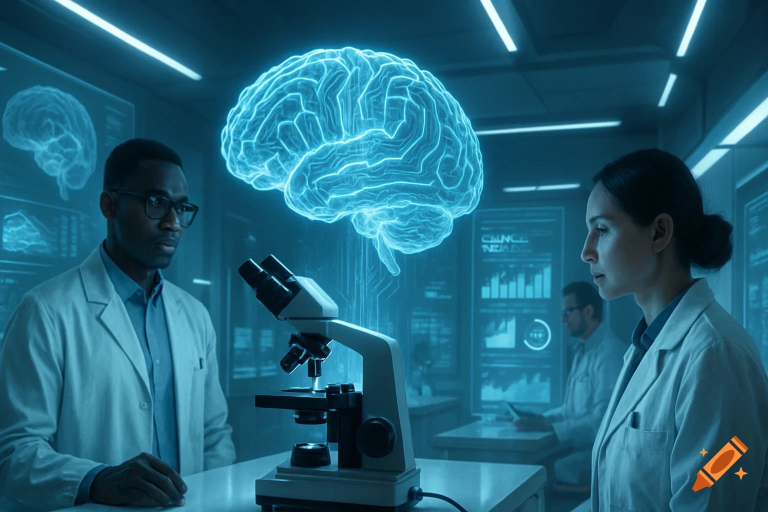 Two scientists in a futuristic lab with a glowing holographic brain and data screens, in a cool blue and white light style.