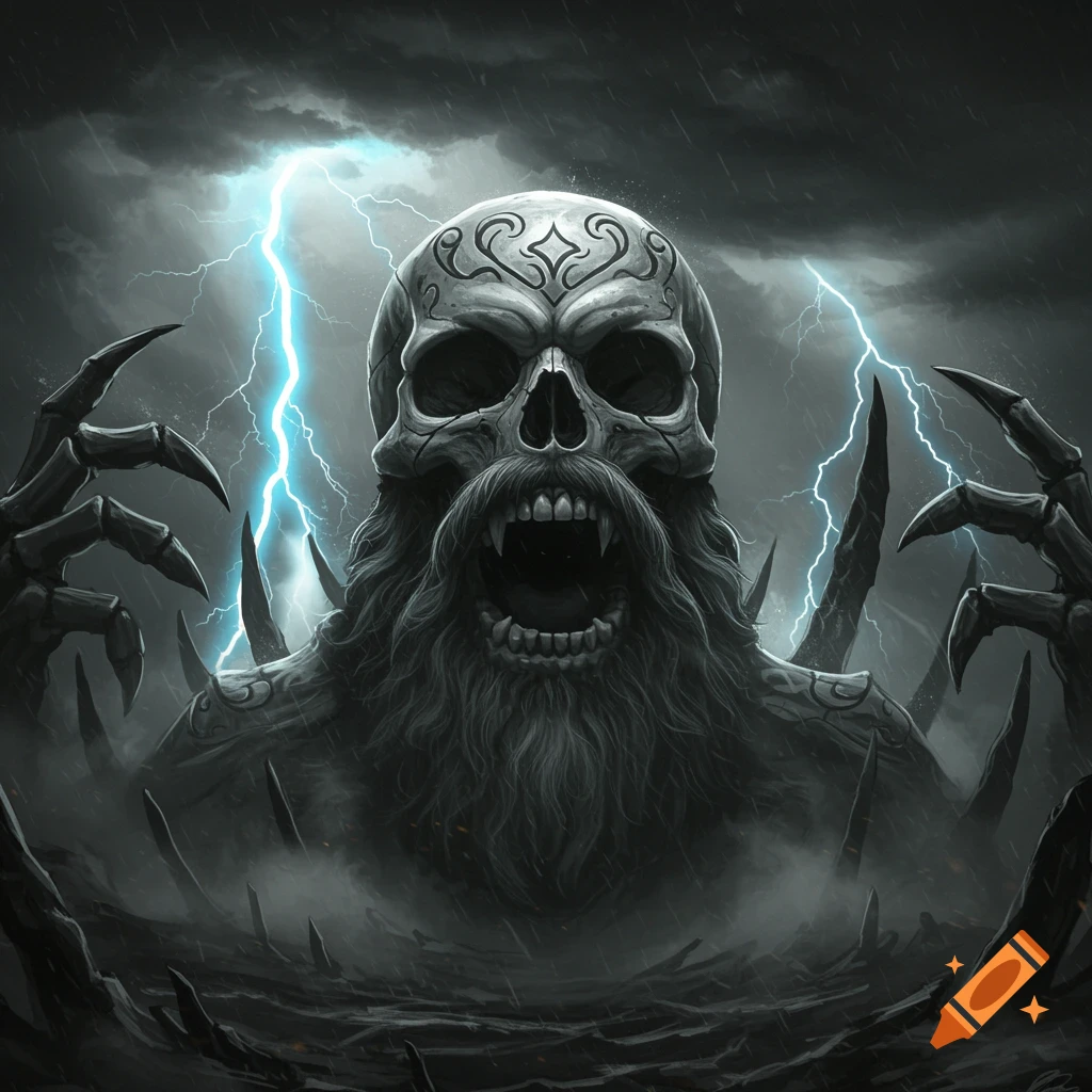 A screaming bearded skull with clawed hands under a stormy sky with lightning and rain. Dark fantasy art style.