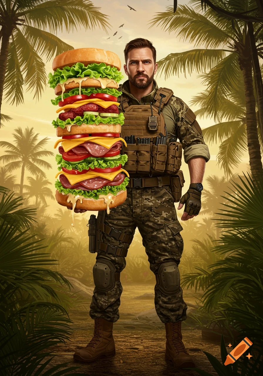 A man in military gear stands in a jungle holding a comically large, towering sandwich.