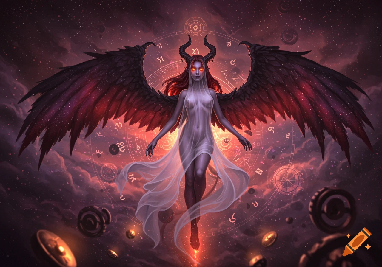 A female demon with black wings, horns, and glowing red eyes floats against a cosmic background.