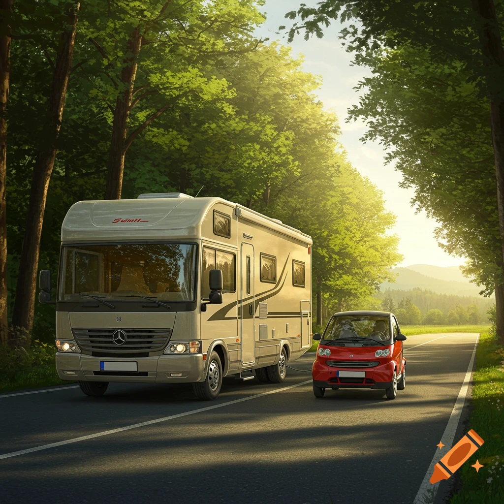 A large, light-colored motorhome and a small red Smart car on a sunlit road lined with tall green trees. Photorealistic style.