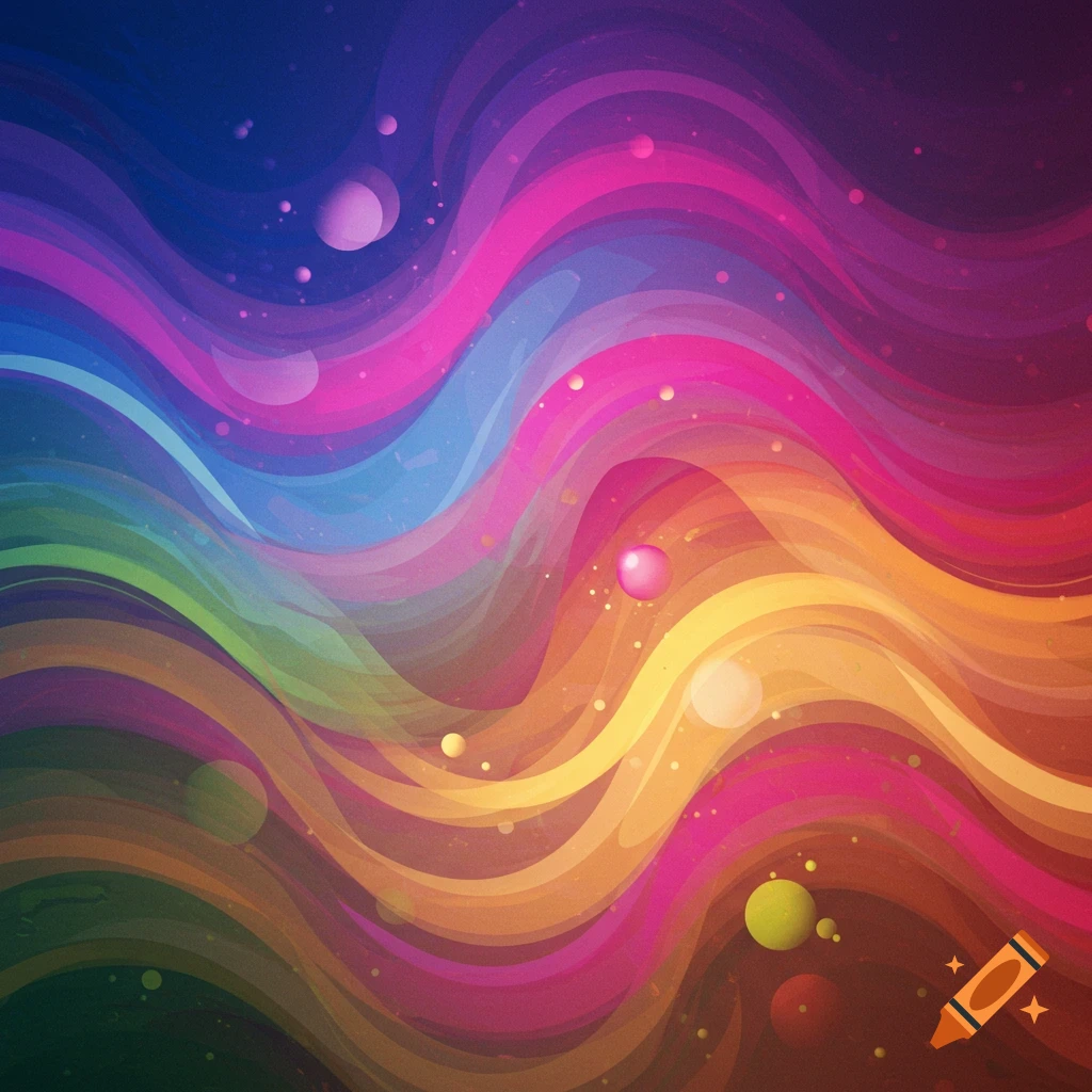 Abstract background with flowing, colorful wavy lines in hues of blue, pink, yellow, orange, and purple, with scattered bubbles.