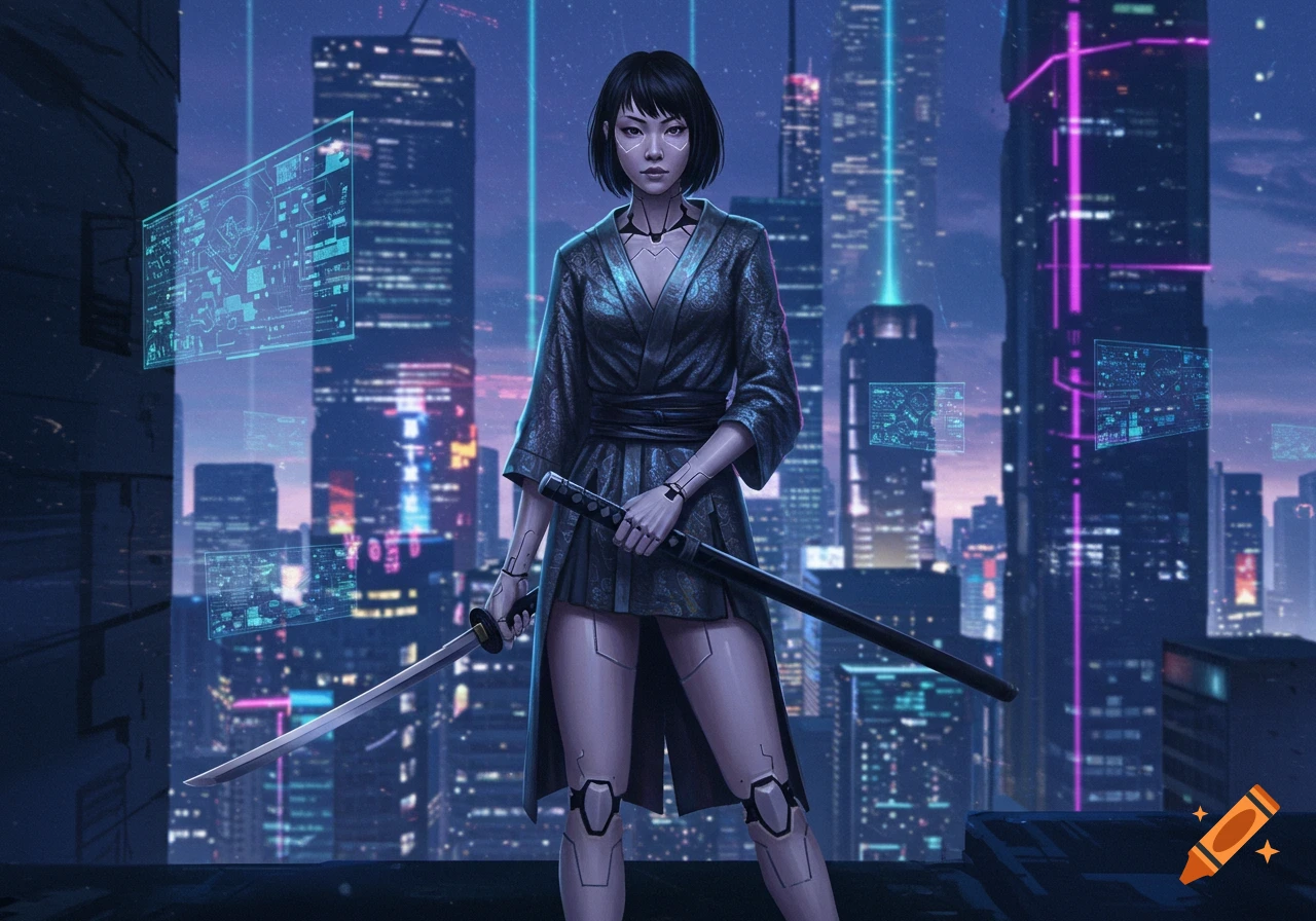 An Asian human android woman with short dark hair and robotic limbs, wearing a robe and holding a sword, stands on a rooftop overlooking a neon cyberpunk city at dusk.