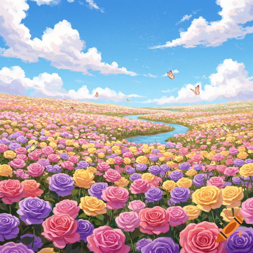A vibrant field of pink, purple, and yellow roses with a winding river under a blue sky with clouds and butterflies.