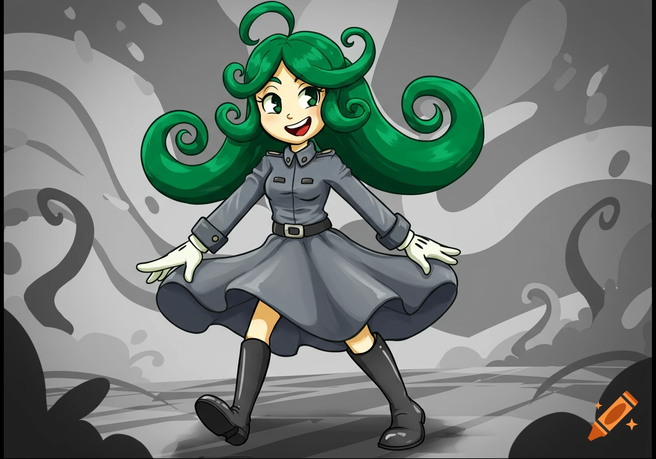A smiling cartoon girl with long green curly hair, wearing a gray military uniform, skirt, and boots in a 1920s rubberhose style.