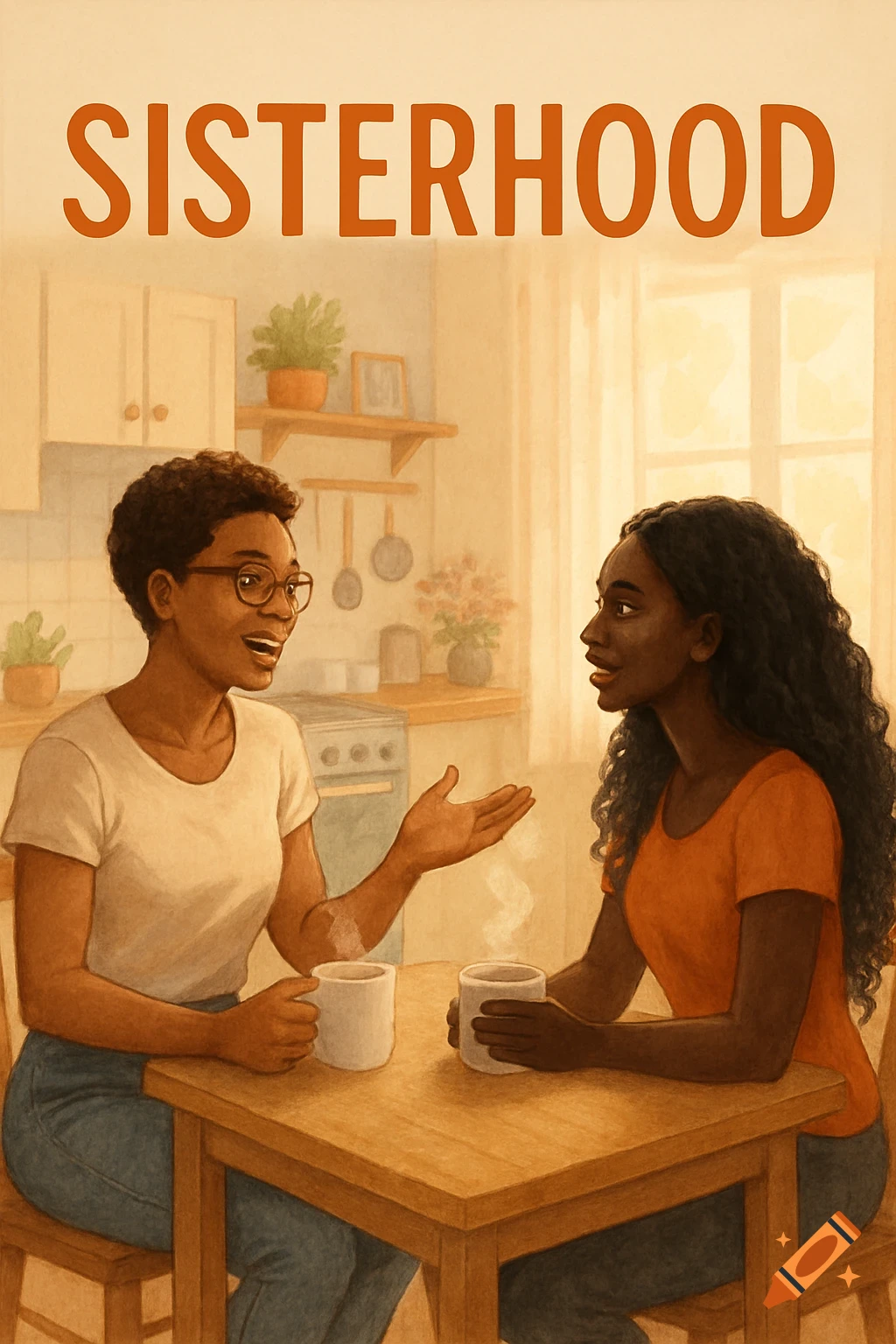 Two Black women talk at a kitchen table with mugs, under the title 'SISTERHOOD' in a digital painting style.