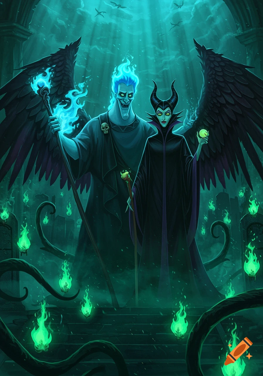 Hades with blue flame hair and black wings stands beside Maleficent with horns and black wings, holding a glowing orb, in a dark, eerie, green-lit underworld.