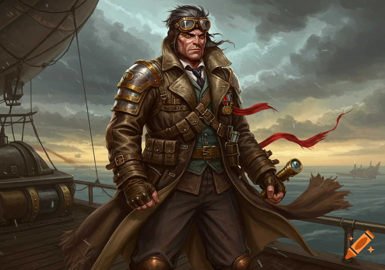 A grizzled steampunk aviator in a leather coat and goggles stands on an airship deck, holding a spyglass, with a stormy sky and ocean in the background.