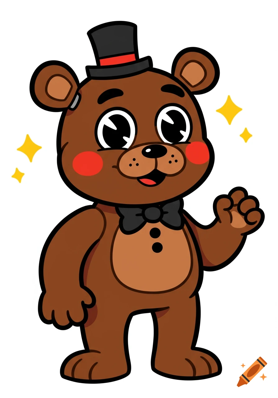 A cute cartoon brown bear character wearing a top hat and bow tie, smiling and waving, with sparkles around it.