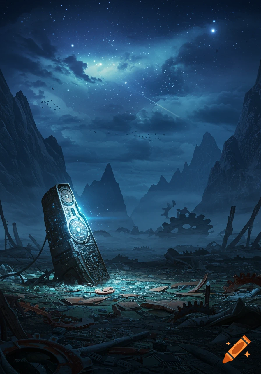 A glowing, futuristic obelisk stands tilted in a dark, rocky, ruined landscape under a starry night sky.