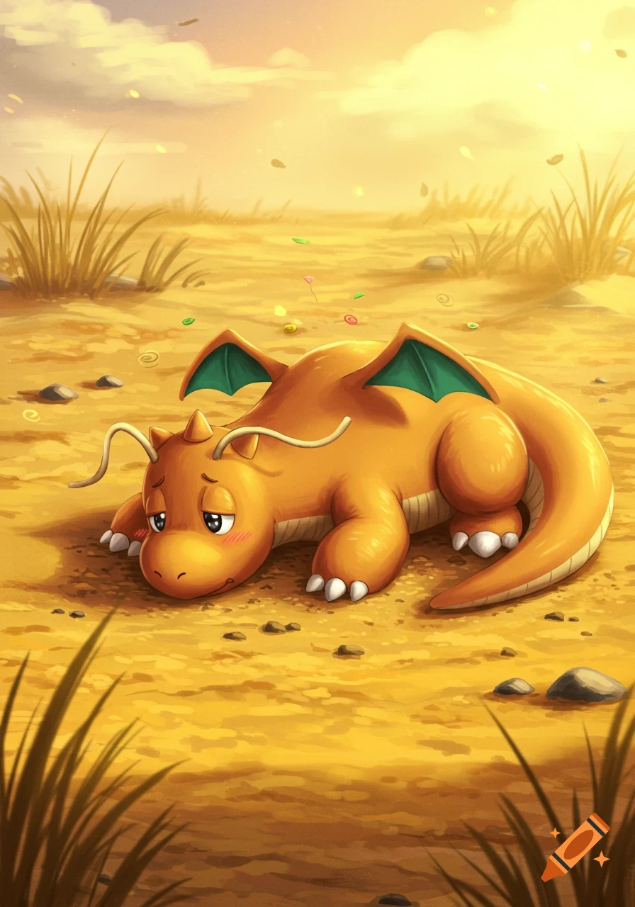 A cute, orange Dragonite lies on sandy ground with green wings and small blush marks on its cheeks under a warm, golden sky.