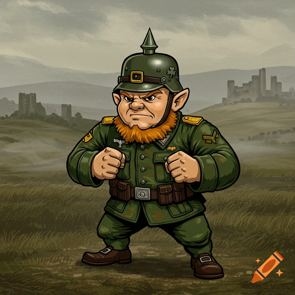A cartoon leprechaun character with a red beard wearing a green German military uniform and spiked helmet, in a field.