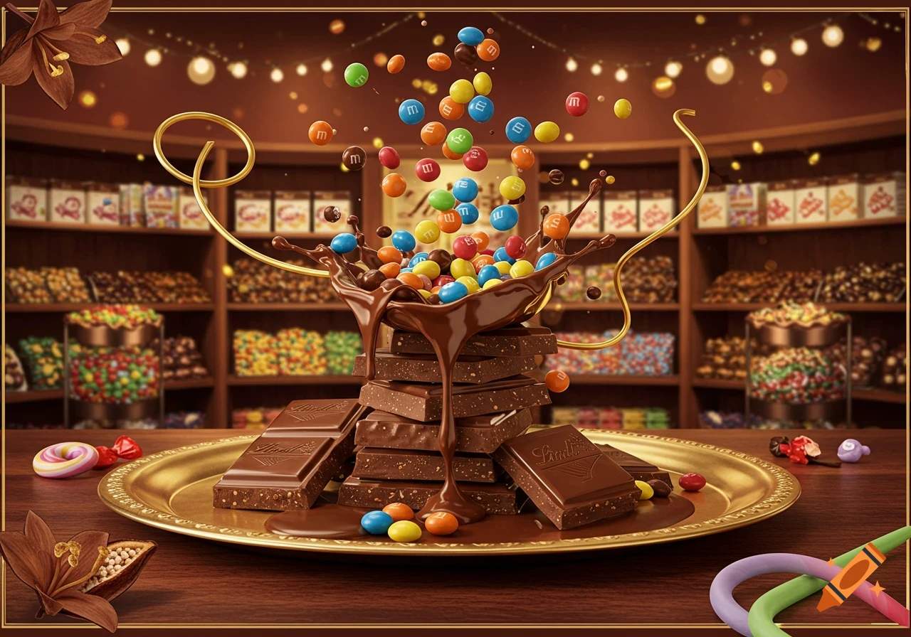 Photorealistic image of chocolate bars with melted chocolate and colorful M&M's bursting from a gold plate in a candy store.