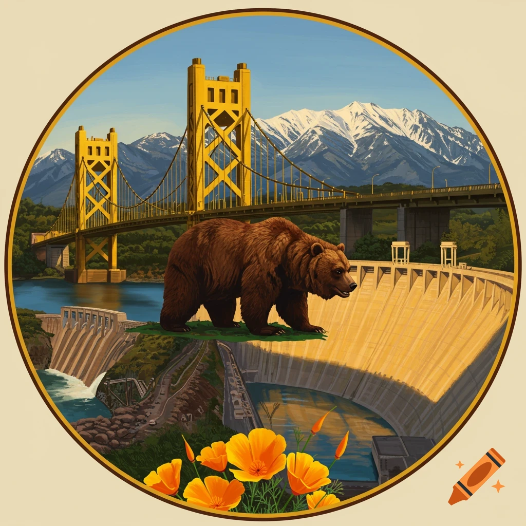 A graphic illustration in a circle featuring a brown bear on a dam, with a golden bridge, snowy mountains, and golden poppies.