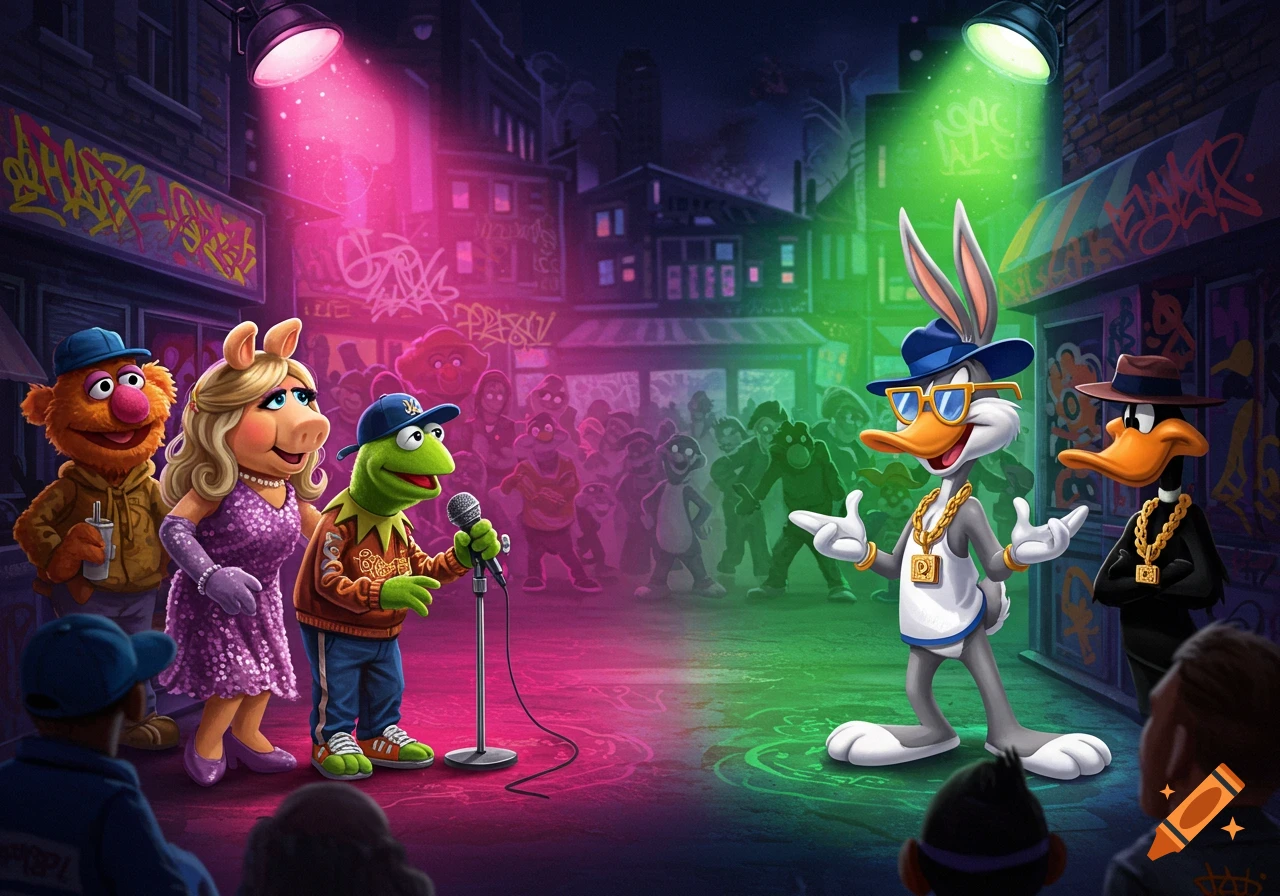 Cartoon characters, The Muppets and Looney Tunes, face off in a neon-lit street rap battle.