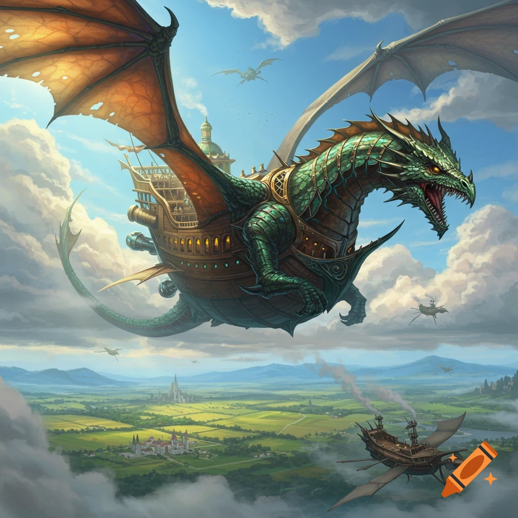 A majestic green armored dragon with an airship built into its back flies through a cloudy sky over a green valley.