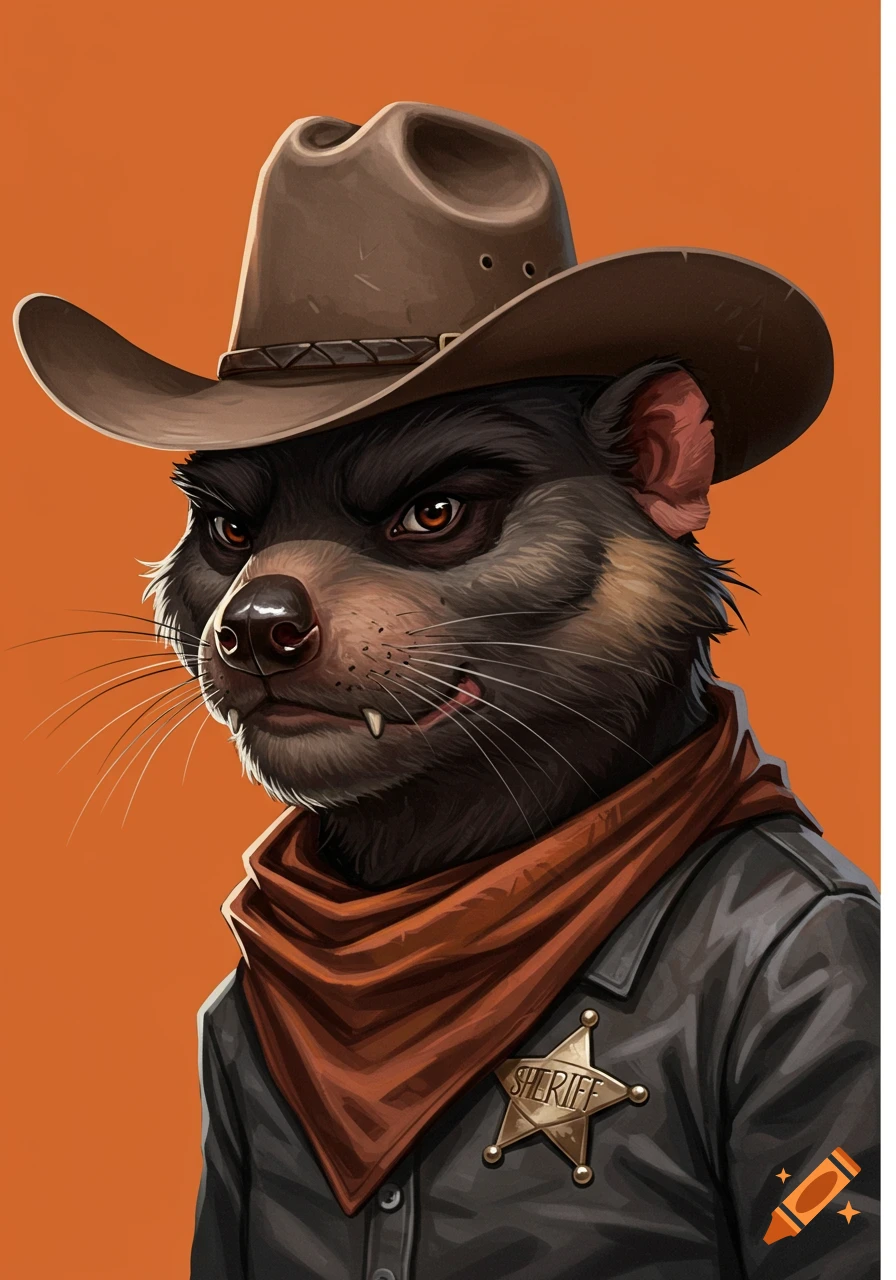 Portrait of a cartoon Tasmanian devil wearing a brown cowboy hat, an orange bandana, and a sheriff's star, against an orange background.