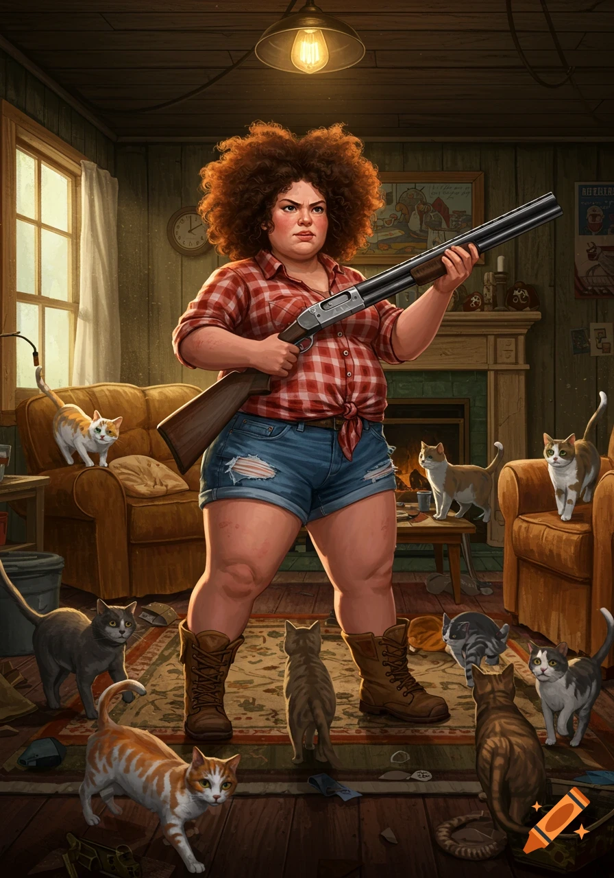 A woman with large curly hair, wearing a plaid shirt and cutoff shorts, holds a shotgun in a cluttered living room surrounded by multiple cats.