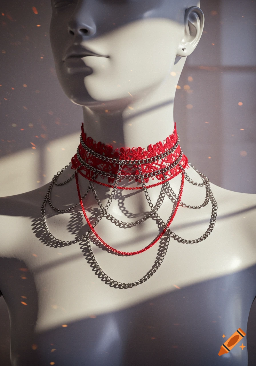 A white mannequin displays a red lace choker with cascading silver and red chains, lit by window light with bokeh.