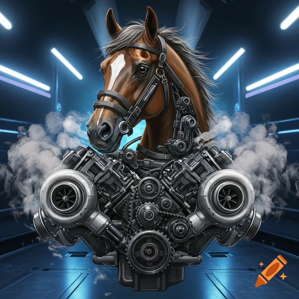 A horse's head merges with a powerful V-engine block featuring two large turbochargers, against a futuristic blue-lit background with smoke.
