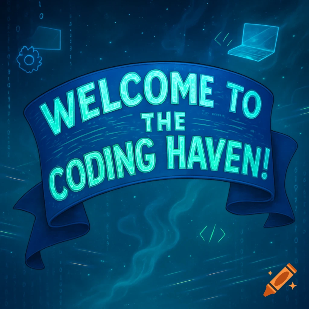 A glowing blue banner reads "Welcome to the Coding Haven!" surrounded by programming symbols on a dark, code-themed background.