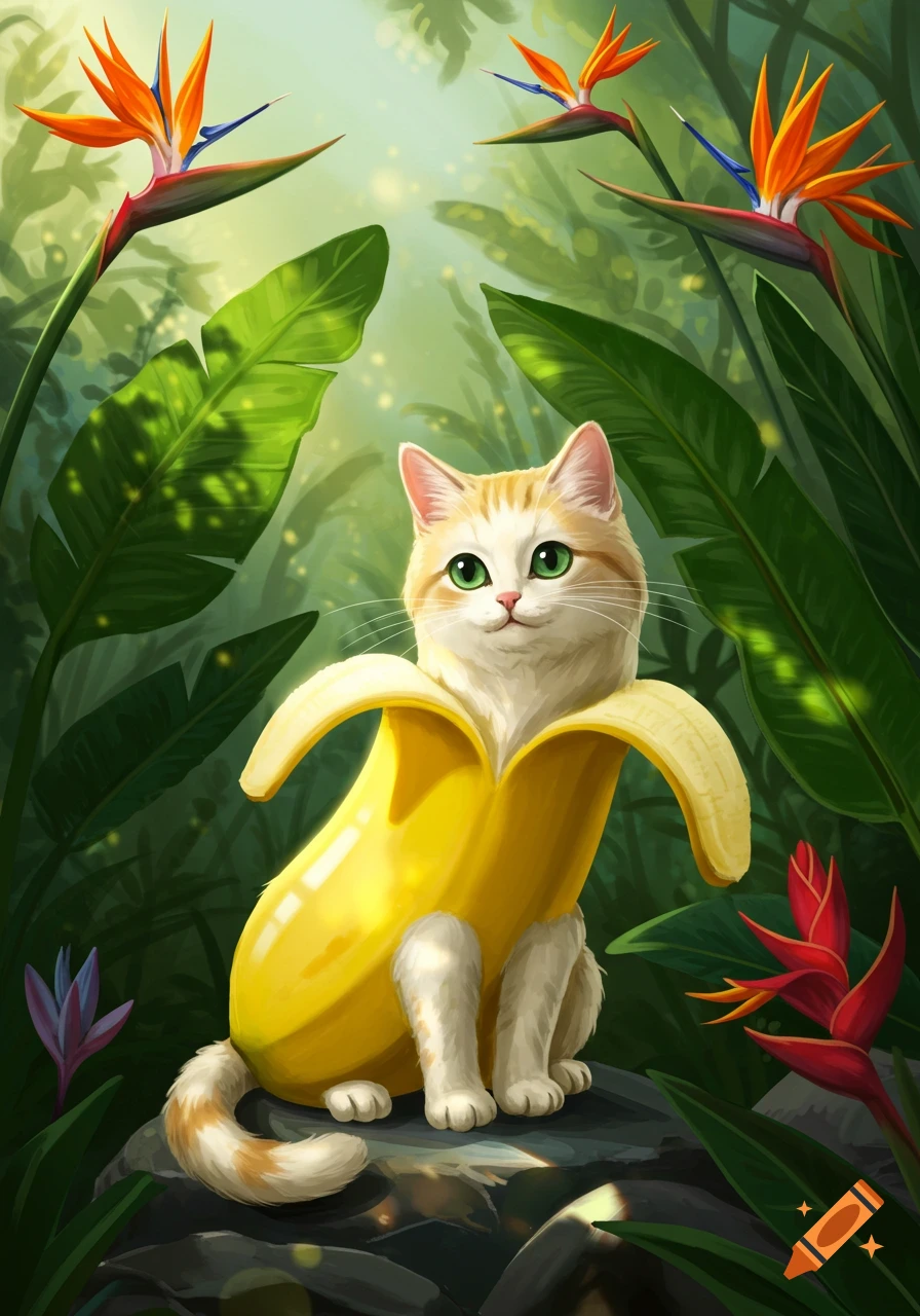 A cute fluffy orange and white cat wearing a banana peel costume sits on a rock in a lush tropical jungle with bird of paradise flowers.