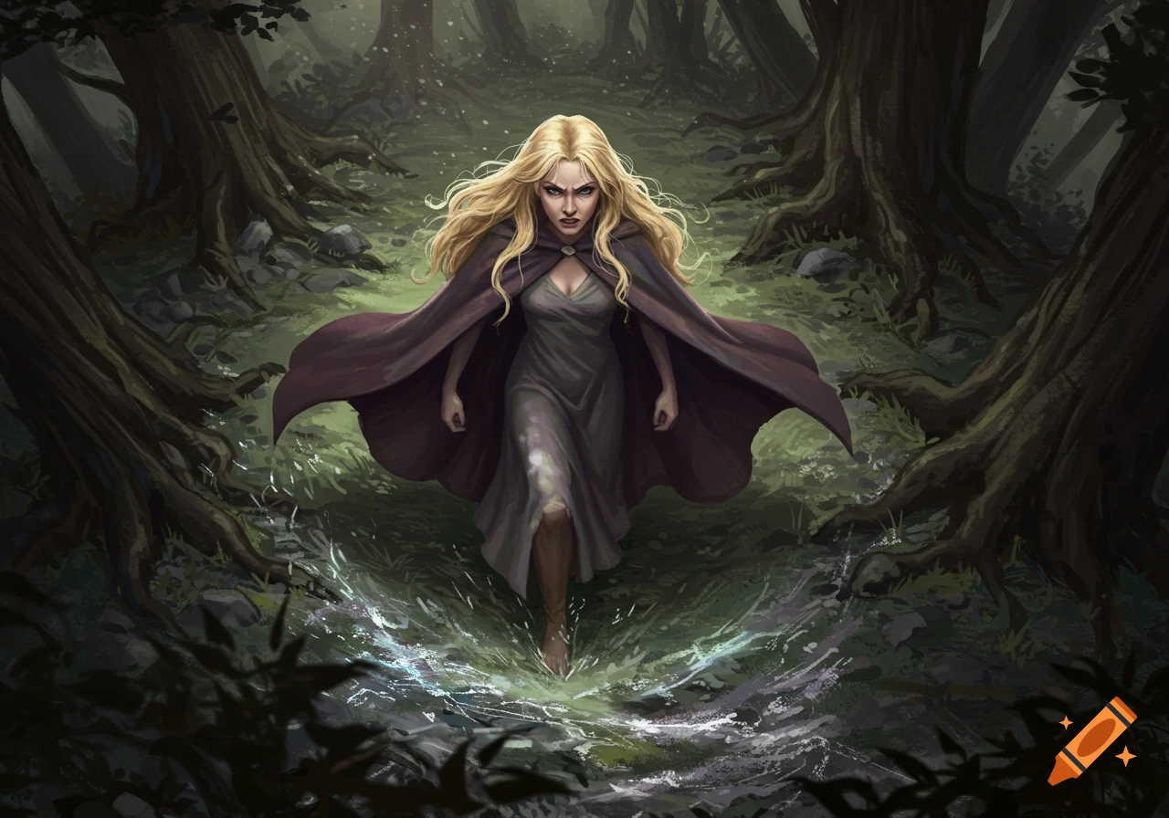 A blonde woman in a flowing cloak angrily walks through a dark, mossy forest, stirring water at her feet. Digital painting style.