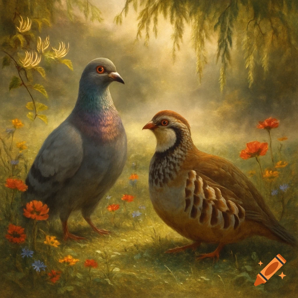 A painterly image of a gray pigeon and a brown partridge standing among wildflowers in a lush, green landscape.
