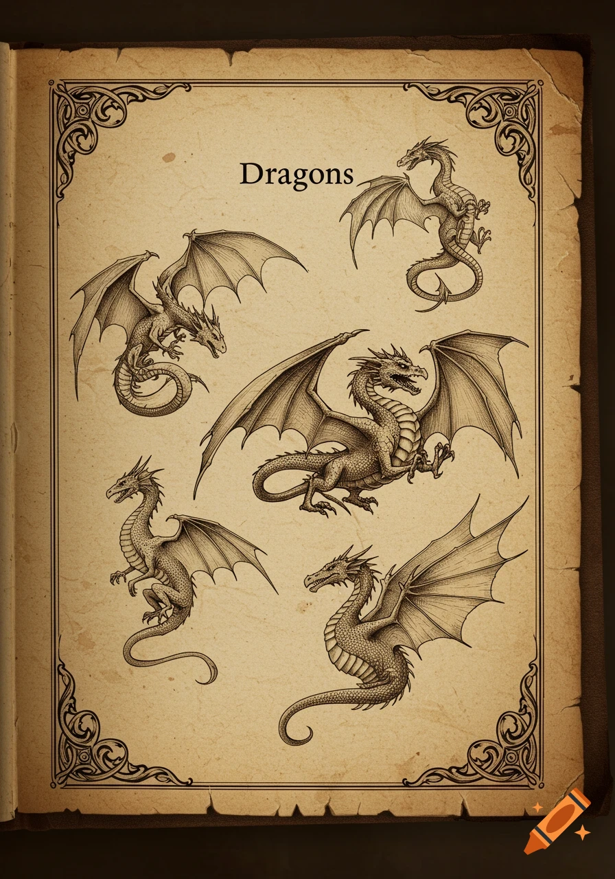 A vintage-style illustration on an old book page shows five detailed drawings of dragons, with the title 'Dragons' at the top.