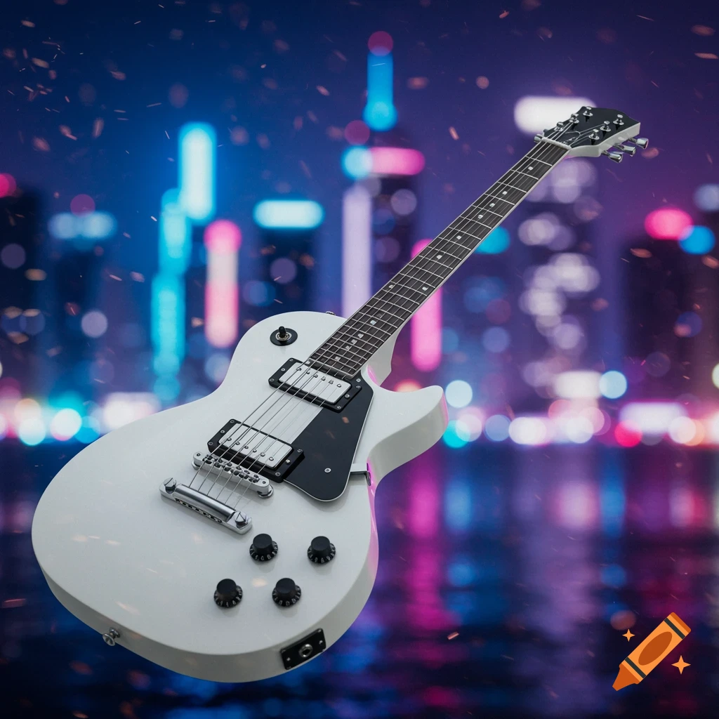 A white electric guitar floats in front of a blurry, vibrant neon city skyline at night with glowing particles.