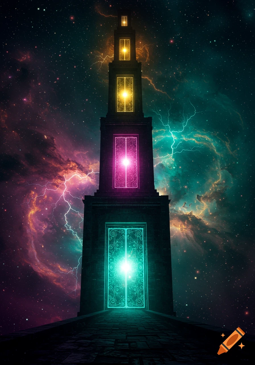 A tall, dark tower with glowing teal, pink, and yellow ornate doors rises into a swirling cosmos with stars and lightning.